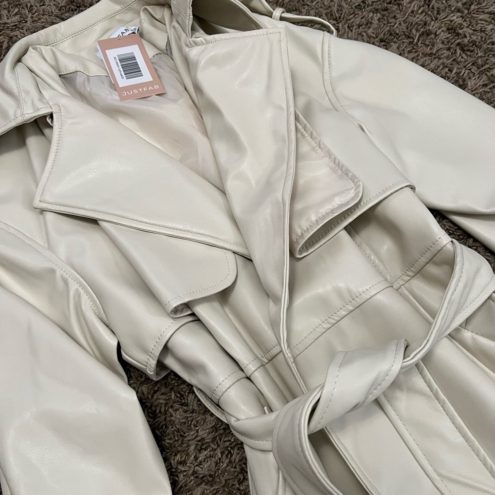 JustFab Cream Faux Leather Trench Coat